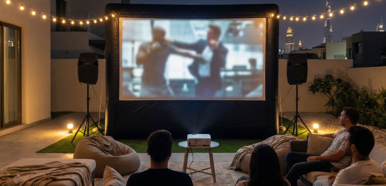 Outdoor Cinema Rental Dubai, 16FT Inflatable Screen with Projector and Sound Setup